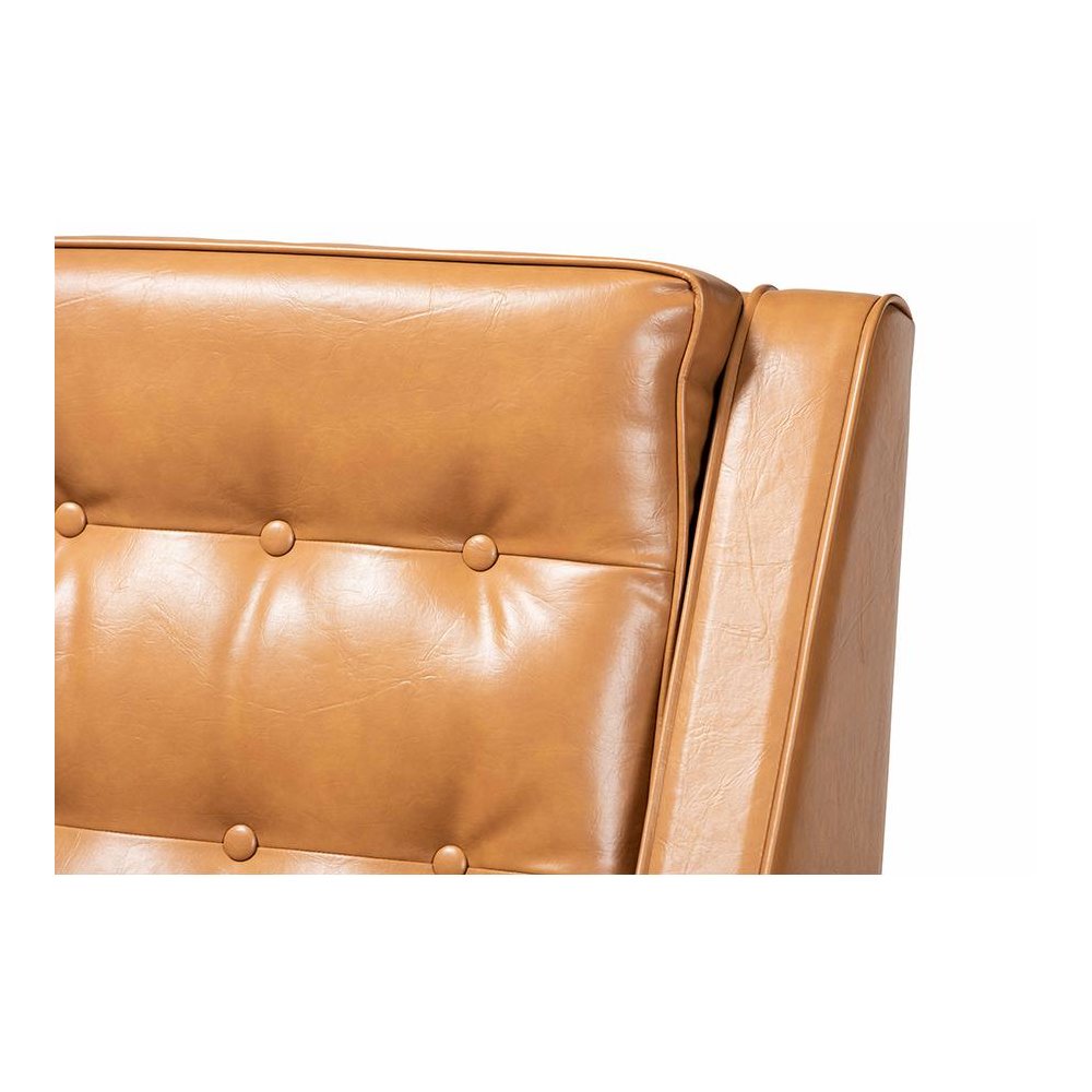 Tan Faux Leather Upholstered and Walnut Brown Finished Wood Lounge Armchair. Picture 5
