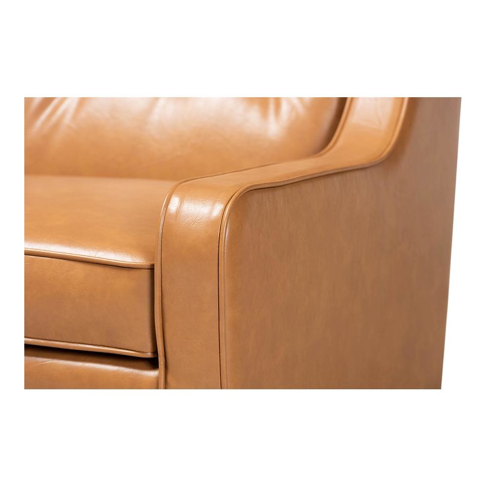 Tan Faux Leather Upholstered and Walnut Brown Finished Wood Lounge Armchair. Picture 6
