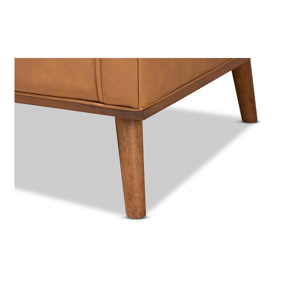 Tan Faux Leather Upholstered and Walnut Brown Finished Wood Lounge Armchair. Picture 7