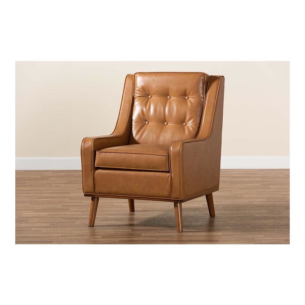 Tan Faux Leather Upholstered and Walnut Brown Finished Wood Lounge Armchair. Picture 9