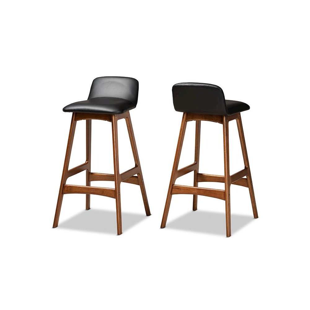 Leather Upholstered and Walnut Brown Finished Wood 2-Piece Bar Stool Set. Picture 1