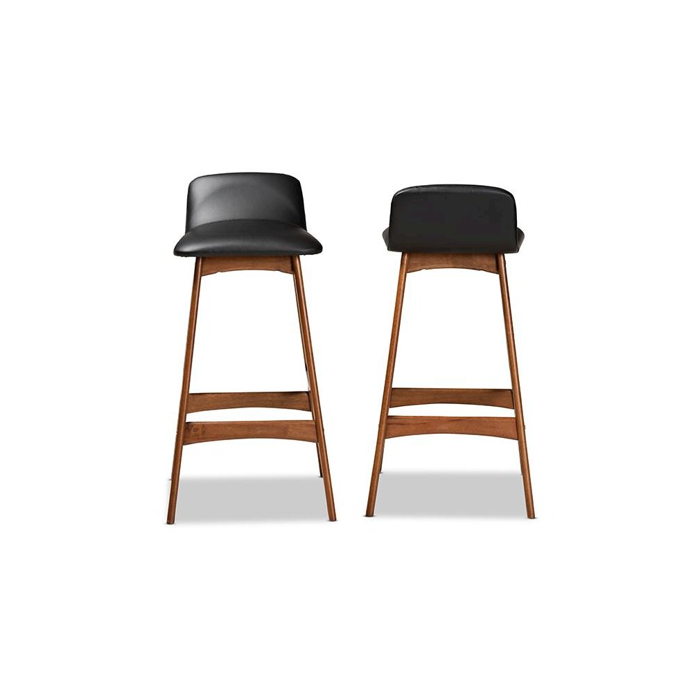 Leather Upholstered and Walnut Brown Finished Wood 2-Piece Bar Stool Set. Picture 2