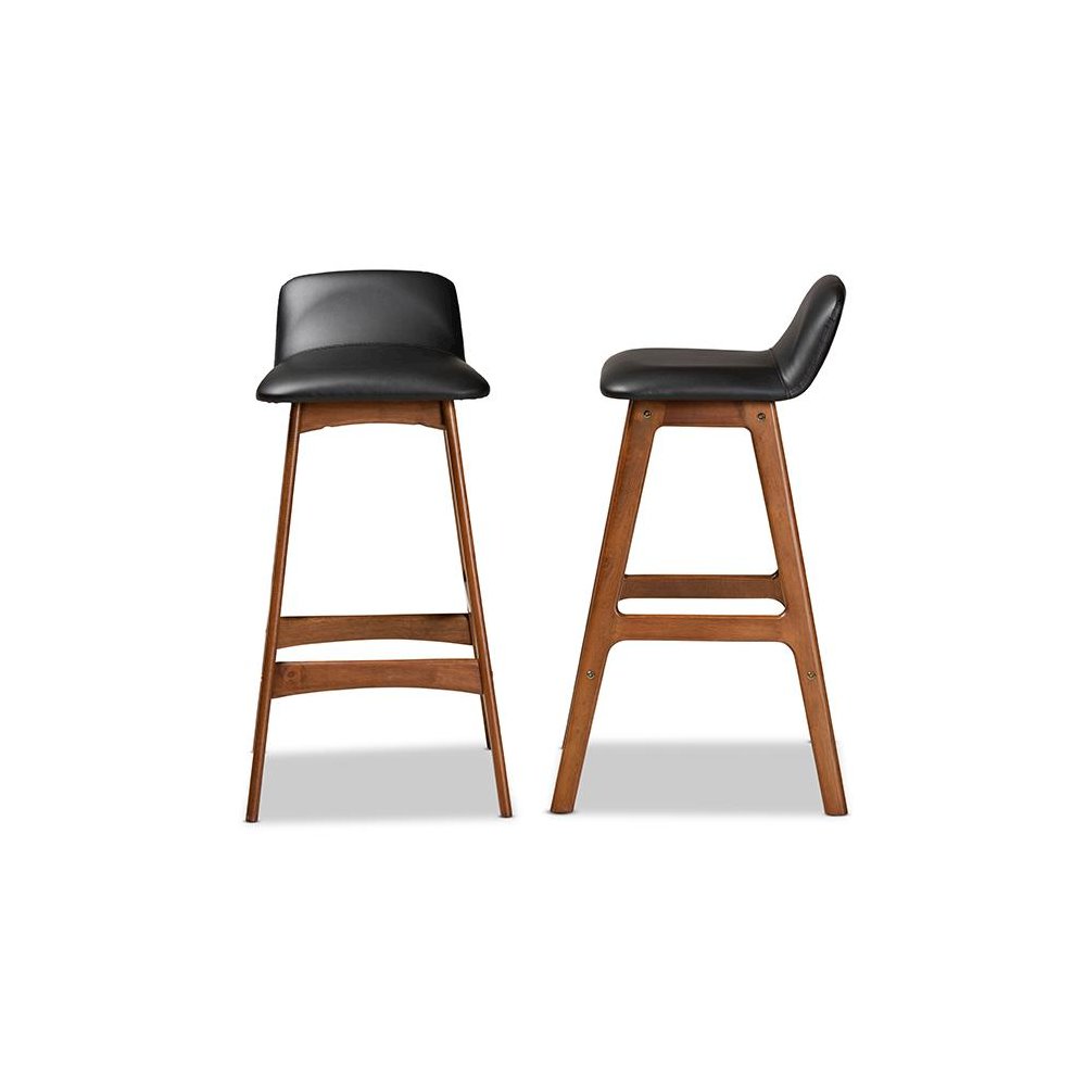 Leather Upholstered and Walnut Brown Finished Wood 2-Piece Bar Stool Set. Picture 3