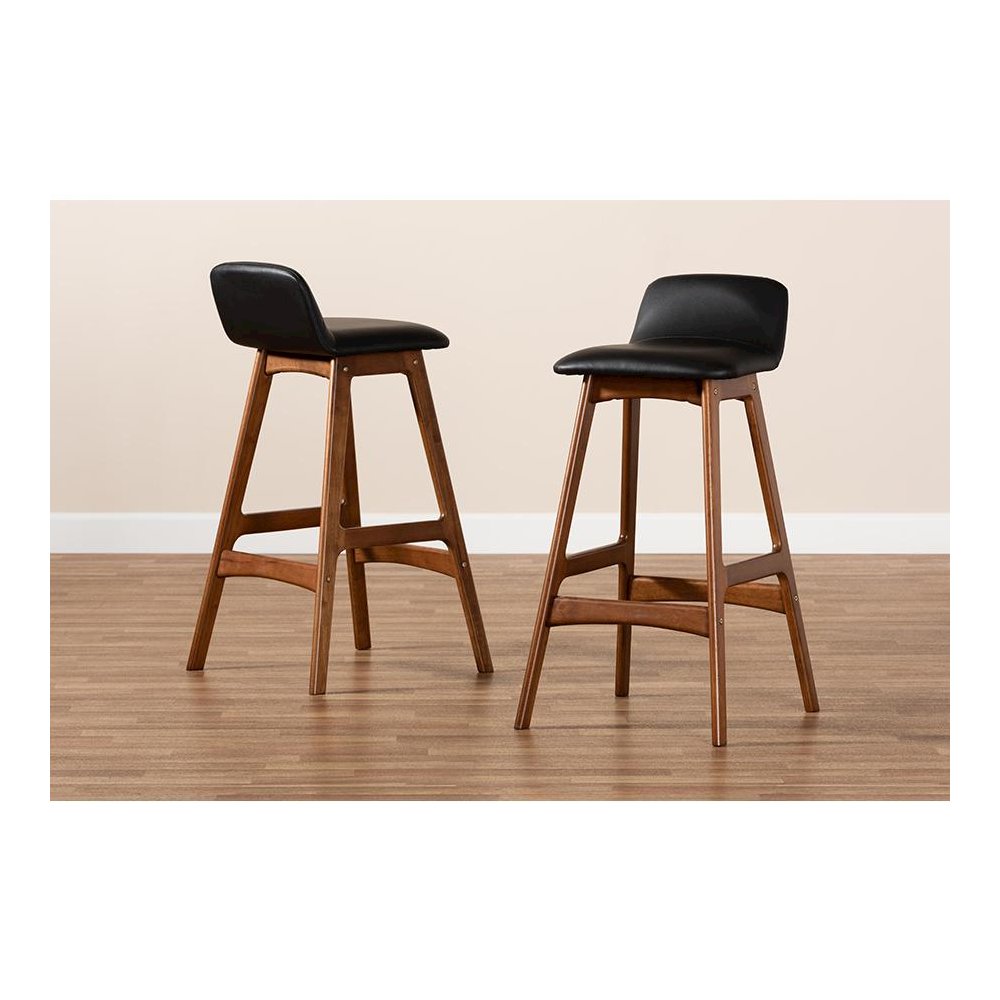 Leather Upholstered and Walnut Brown Finished Wood 2-Piece Bar Stool Set. Picture 7