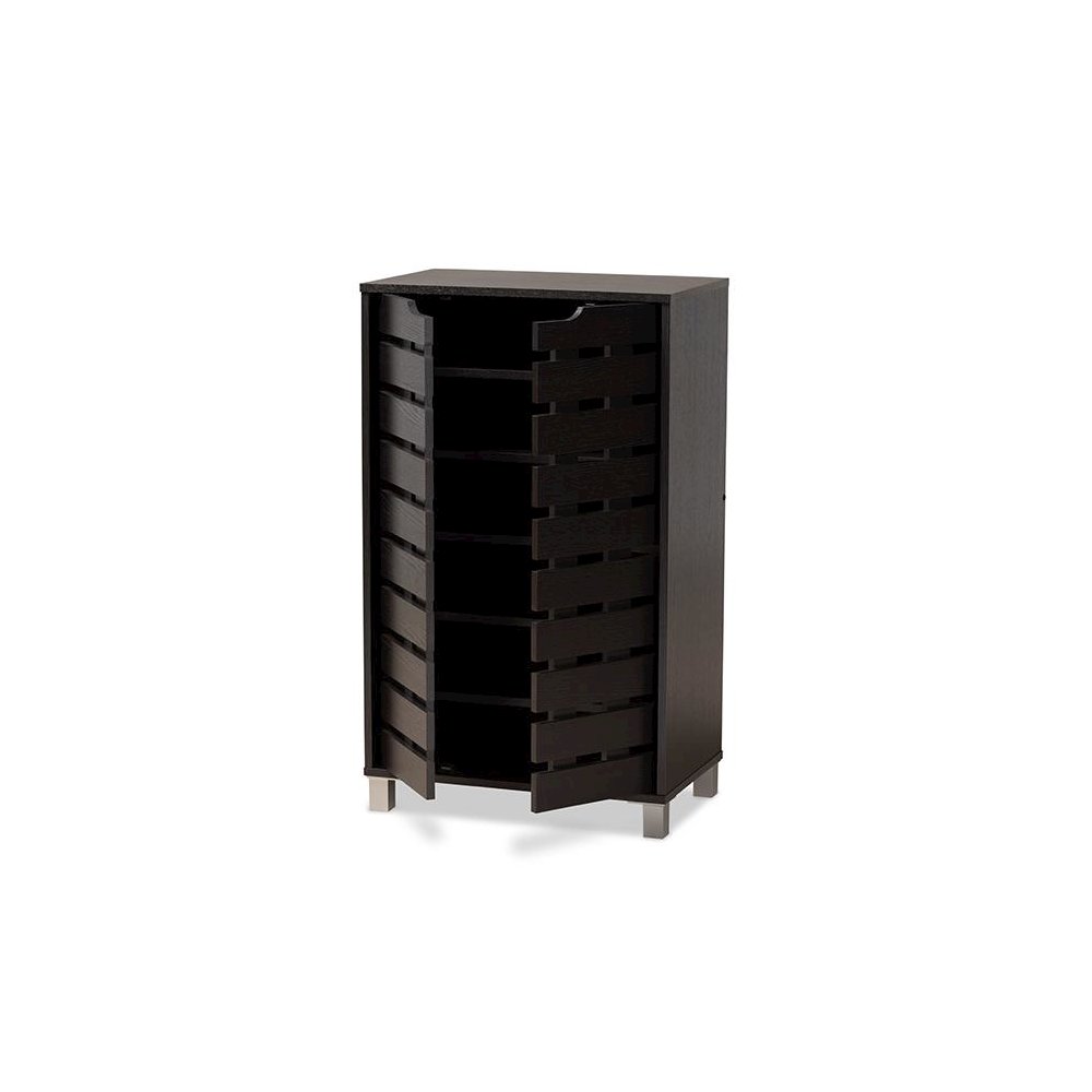Dark Brown Finished Wood 2-Door Shoe Storage Cabinet. Picture 2