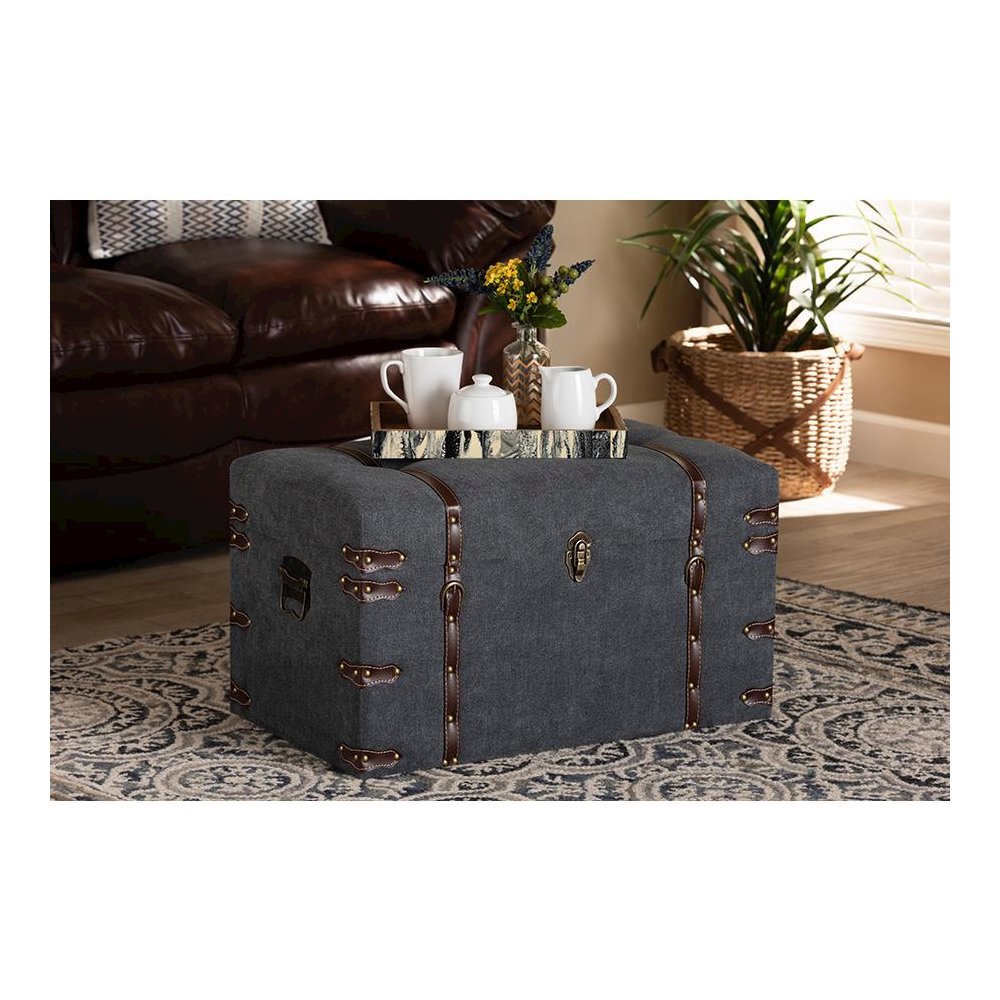 Transitional Grey Fabric Upholstered Storage Trunk Ottoman. Picture 8