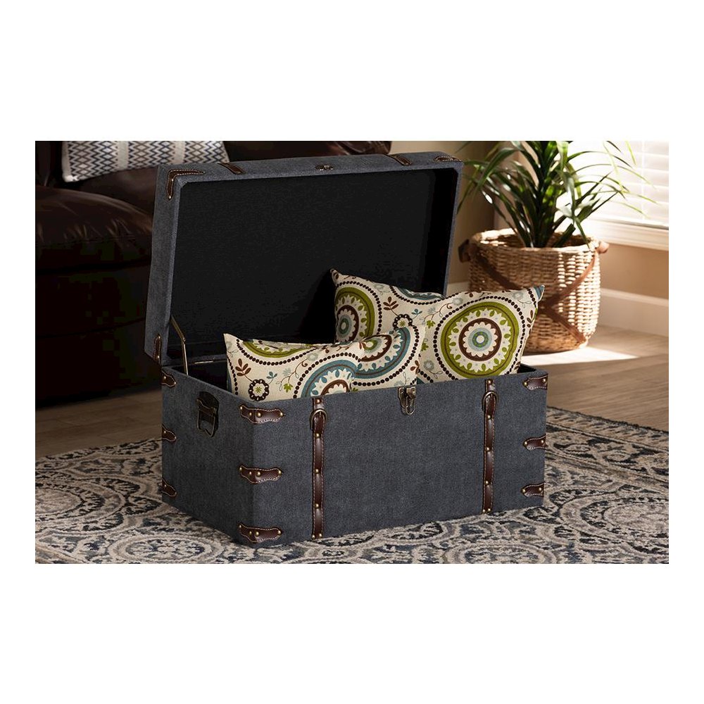Transitional Grey Fabric Upholstered Storage Trunk Ottoman. Picture 9