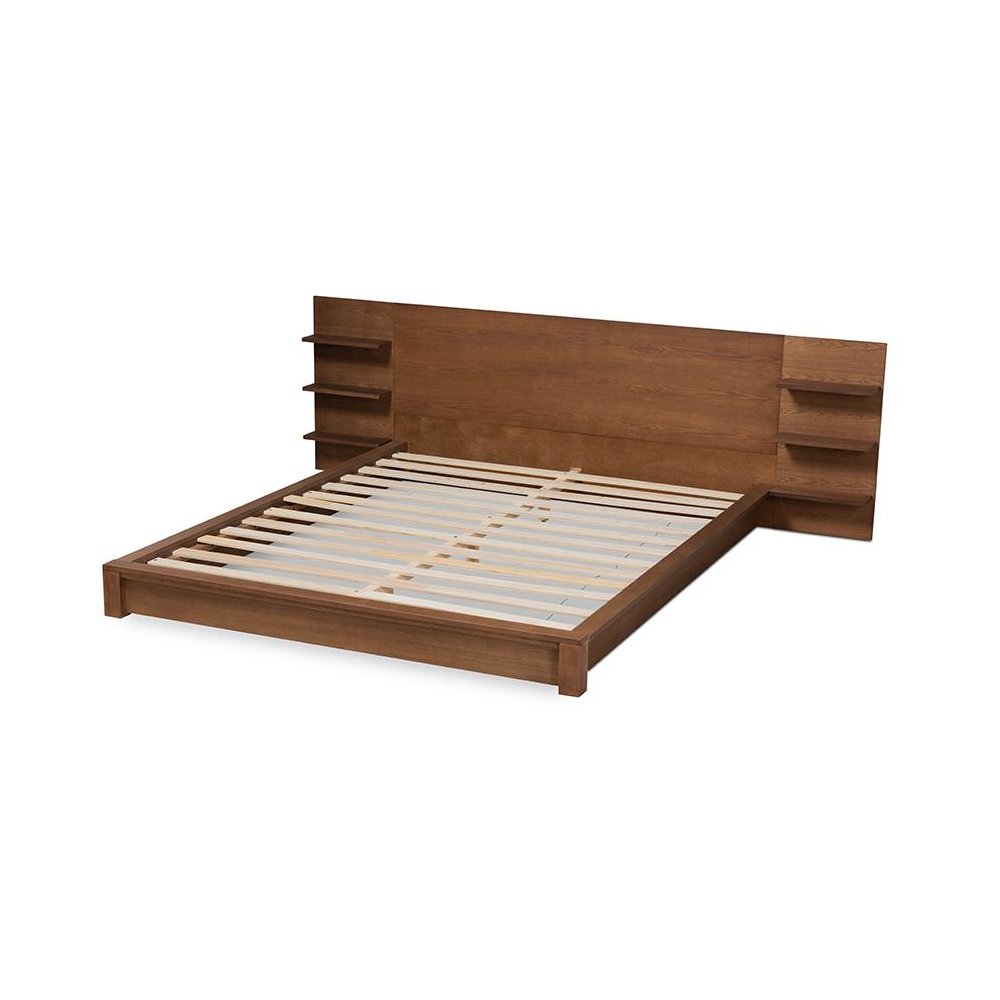 Walnut Brown Finished Wood Queen Size Platform Storage Bed with Shelves. Picture 3
