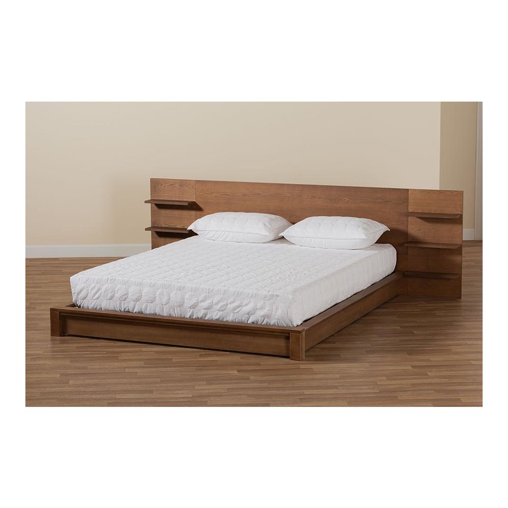 Walnut Brown Finished Wood Queen Size Platform Storage Bed with Shelves. Picture 7