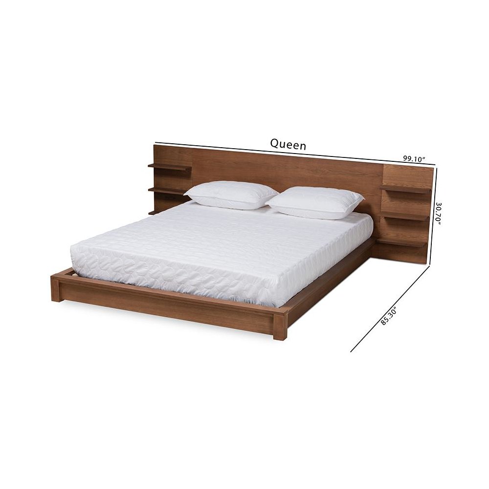 Walnut Brown Finished Wood Queen Size Platform Storage Bed with Shelves. Picture 8