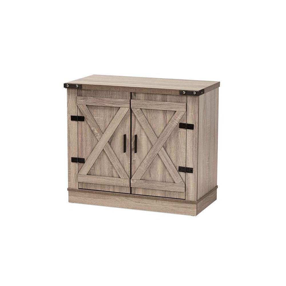 Farmhouse Oak Brown Finished Wood 2-Door Shoe Storage Cabinet. Picture 1