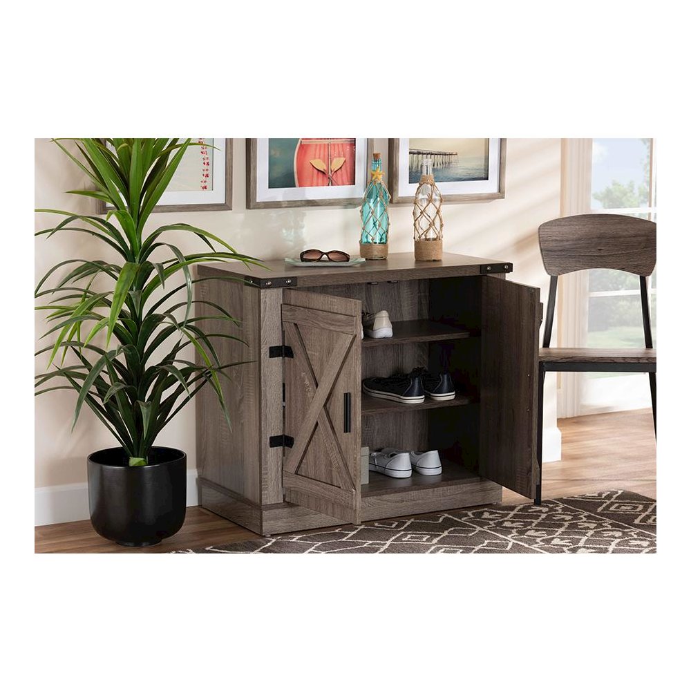 Farmhouse Oak Brown Finished Wood 2-Door Shoe Storage Cabinet. Picture 8