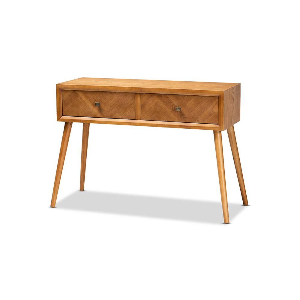 Mae Mid-Century Modern Natural Brown Finished Wood 2-Drawer Console Table. Picture 1