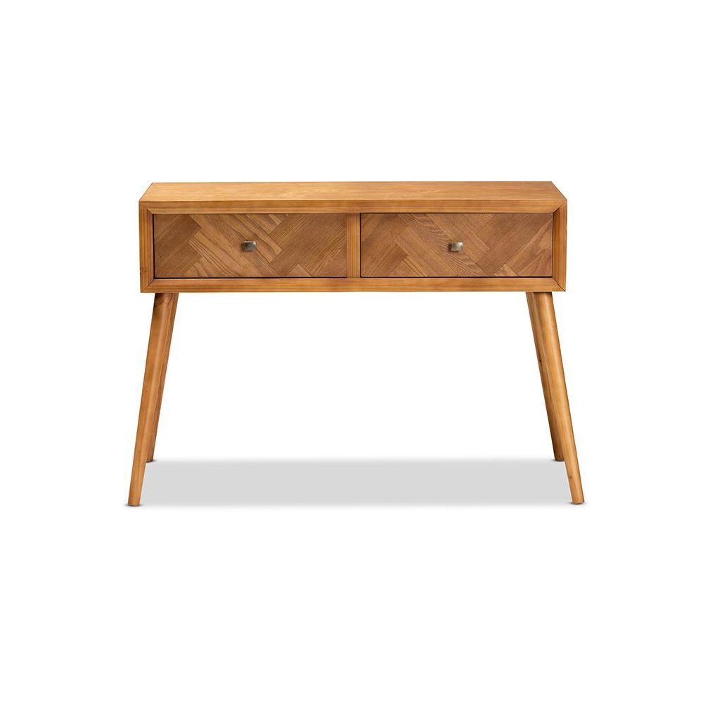 Mae Mid-Century Modern Natural Brown Finished Wood 2-Drawer Console Table. Picture 3