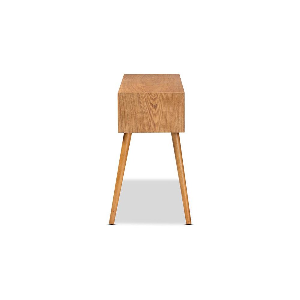 Mae Mid-Century Modern Natural Brown Finished Wood 2-Drawer Console Table. Picture 4