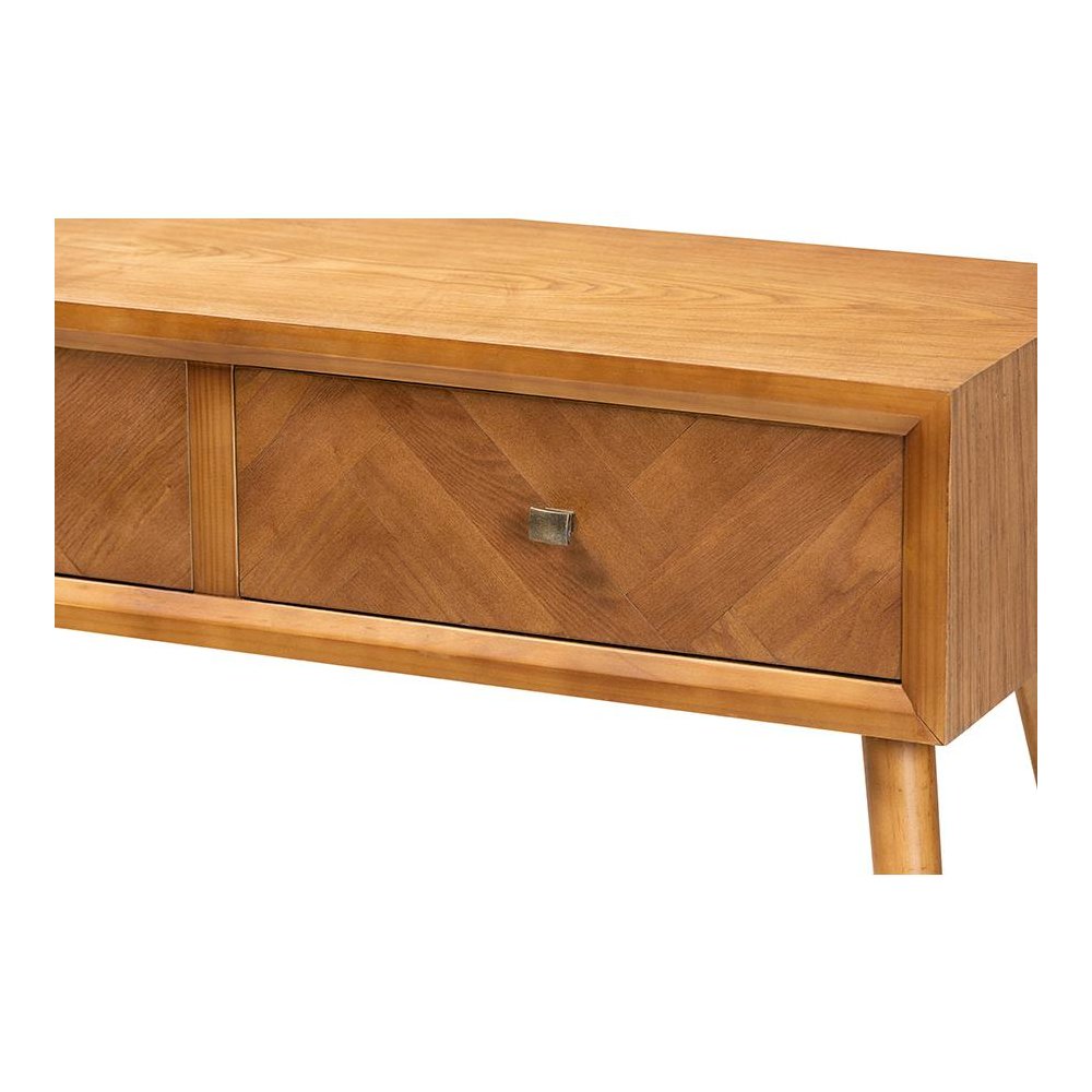 Mae Mid-Century Modern Natural Brown Finished Wood 2-Drawer Console Table. Picture 5
