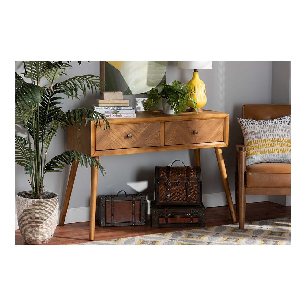 Mae Mid-Century Modern Natural Brown Finished Wood 2-Drawer Console Table. Picture 7