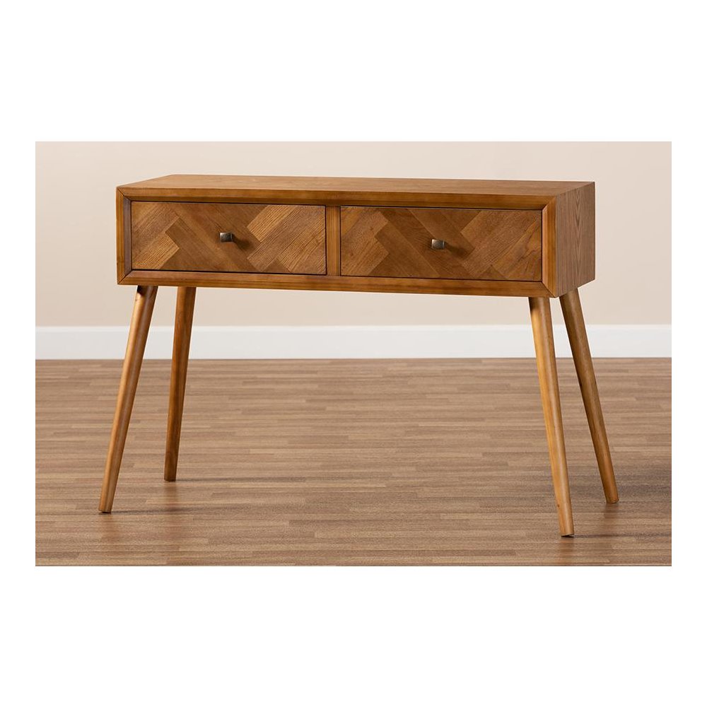 Mae Mid-Century Modern Natural Brown Finished Wood 2-Drawer Console Table. Picture 8