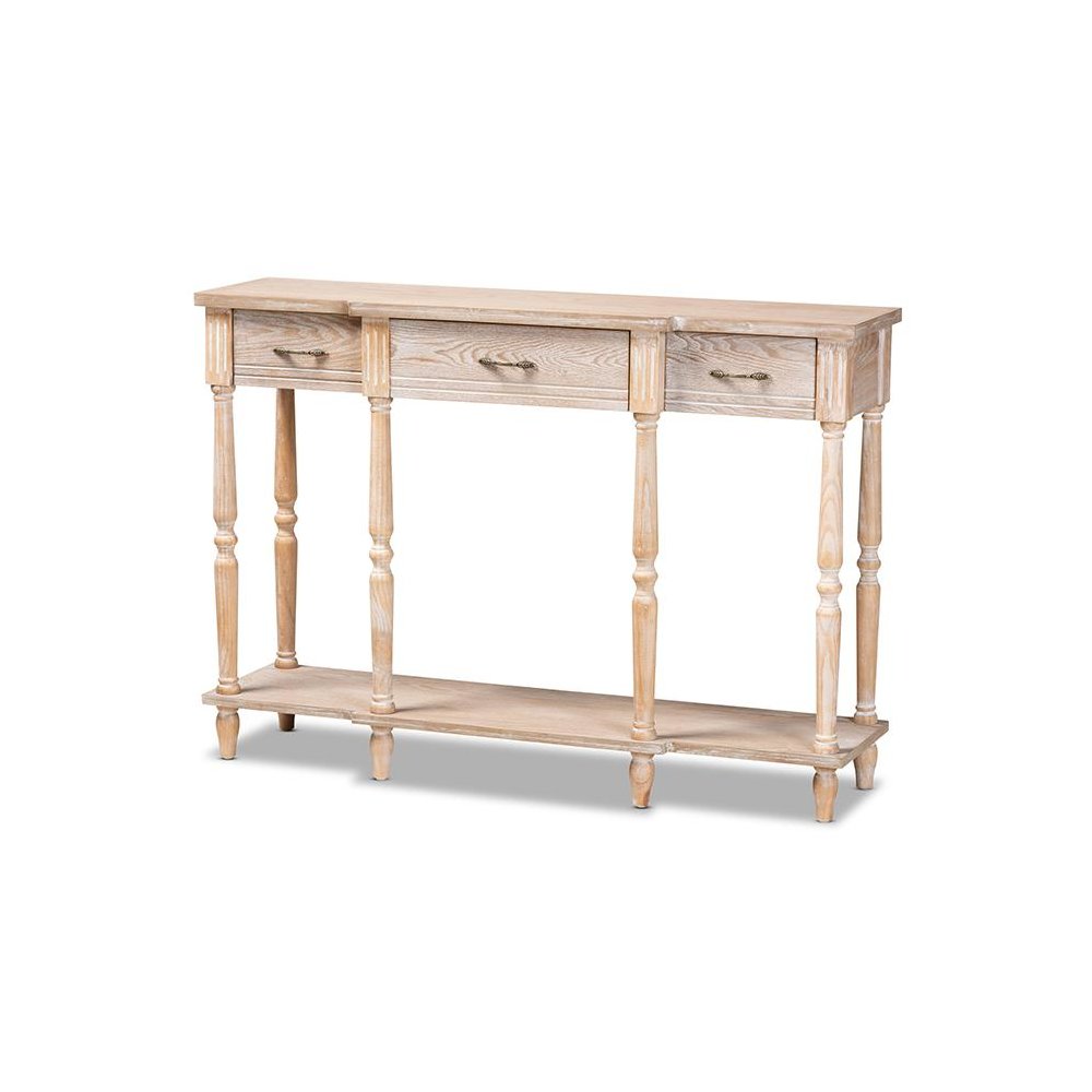 Provincial Rustic Whitewashed Oak Brown Finished Wood 3-Drawer Console Table. Picture 1