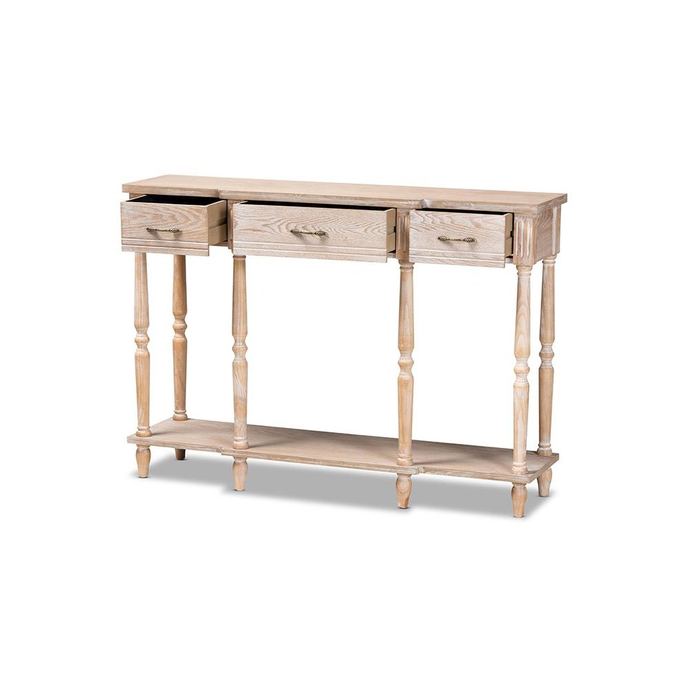 Provincial Rustic Whitewashed Oak Brown Finished Wood 3-Drawer Console Table. Picture 2