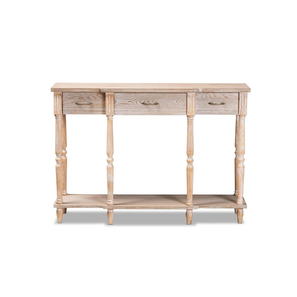 Provincial Rustic Whitewashed Oak Brown Finished Wood 3-Drawer Console Table. Picture 3