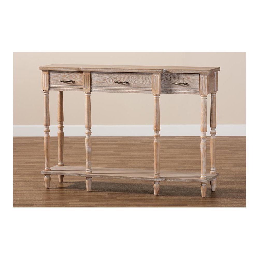 Provincial Rustic Whitewashed Oak Brown Finished Wood 3-Drawer Console Table. Picture 8