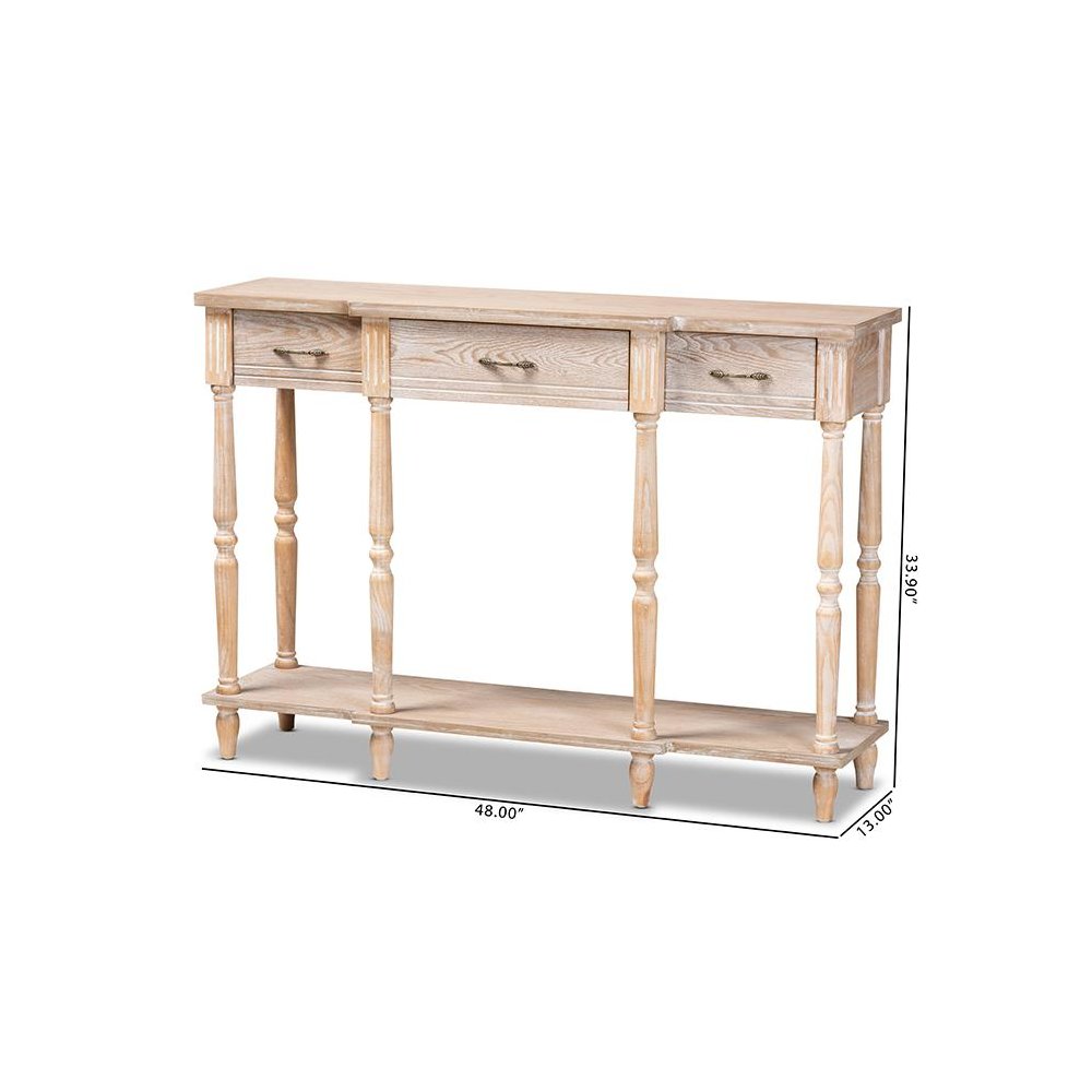 Provincial Rustic Whitewashed Oak Brown Finished Wood 3-Drawer Console Table. Picture 9