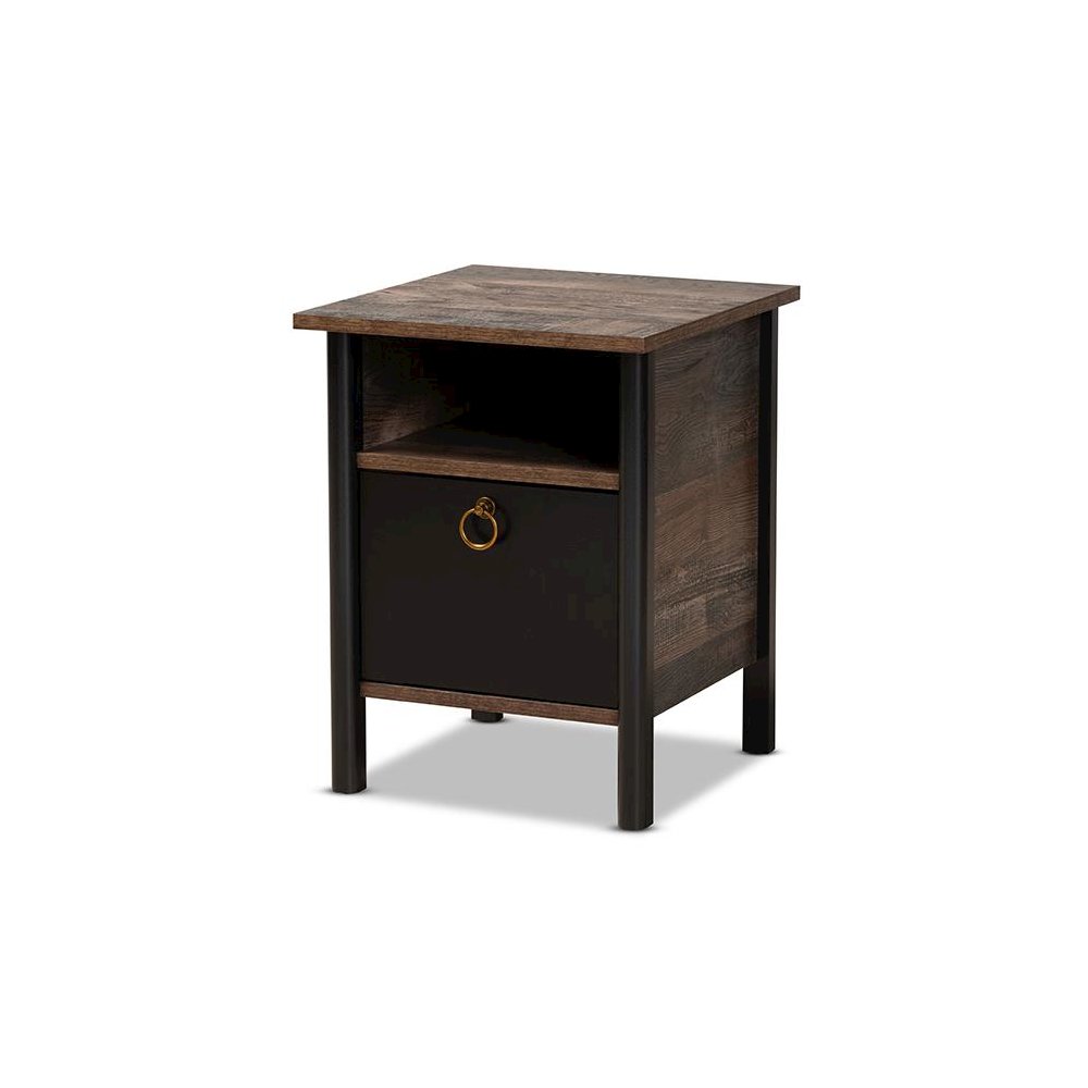 Two-Tone Rustic Brown and Black Finished Wood Nightstand. Picture 1