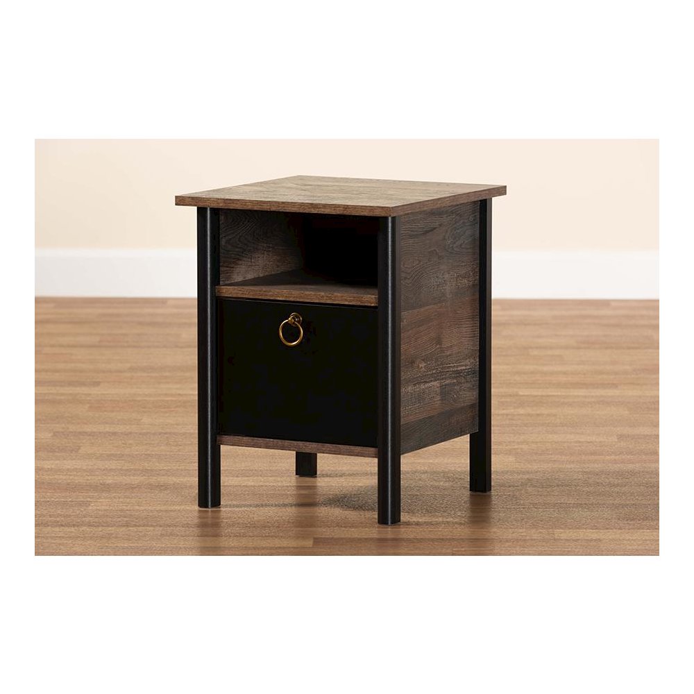 Two-Tone Rustic Brown and Black Finished Wood Nightstand. Picture 7