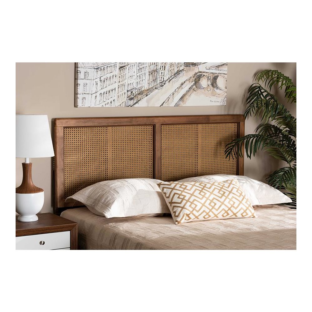 Ash Walnut Finished Wood and Synthetic Rattan Full Size Headboard. Picture 3