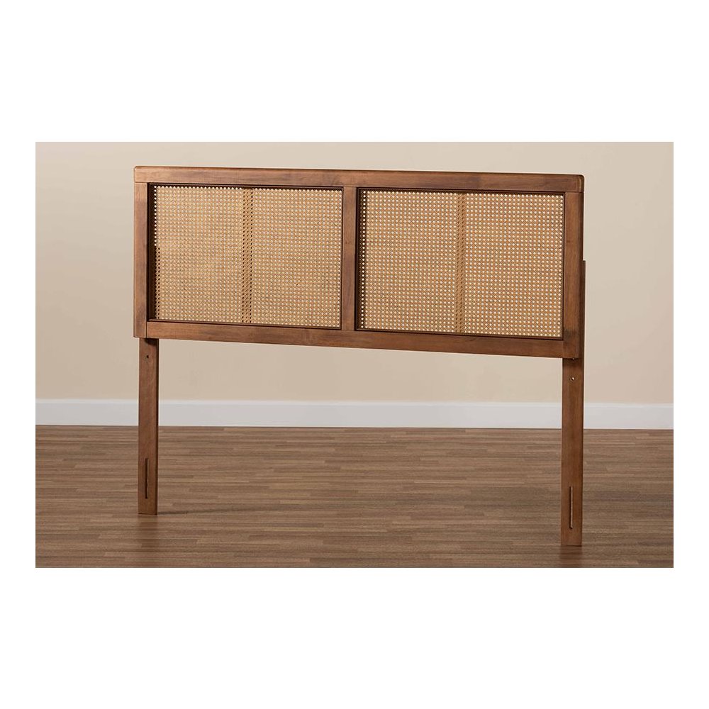Ash Walnut Finished Wood and Synthetic Rattan Full Size Headboard. Picture 4