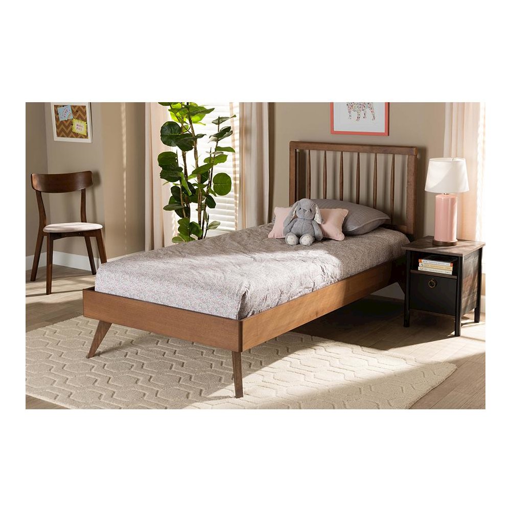 Toru Mid-Century Modern Ash Walnut Finished Wood Twin Size Platform Bed. Picture 6