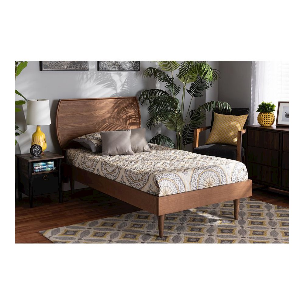 Yori Mid-Century Modern Walnut Brown Finished Wood Twin Size Platform Bed. Picture 6
