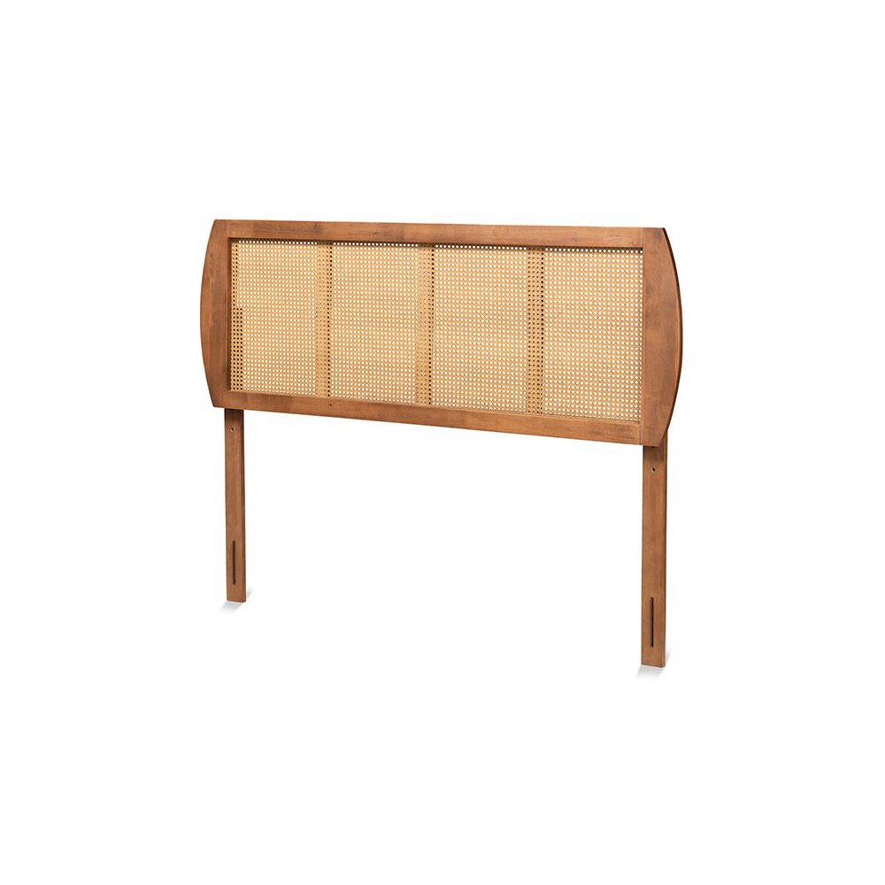 Modern Ash Walnut Finished Wood and Synthetic Rattan Full Size Headboard. Picture 1