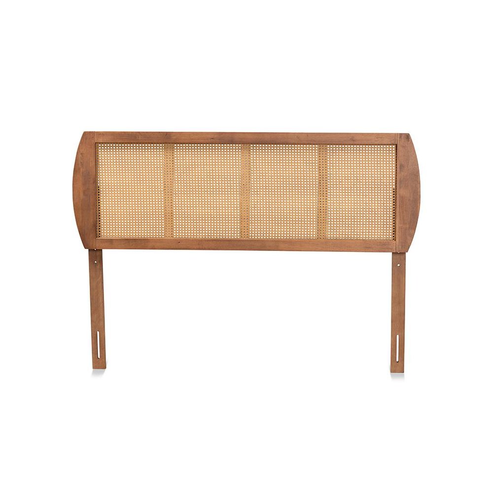 Modern Ash Walnut Finished Wood and Synthetic Rattan Full Size Headboard. Picture 2