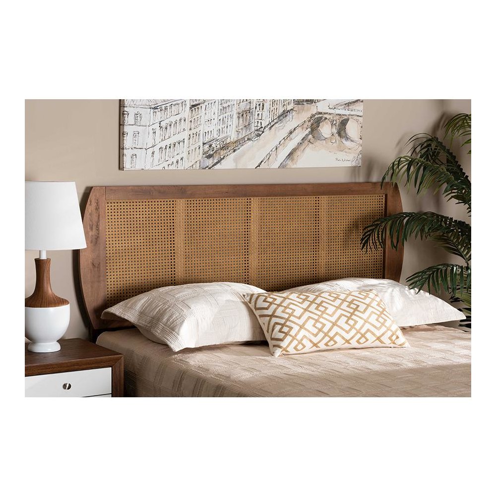 Modern Ash Walnut Finished Wood and Synthetic Rattan Full Size Headboard. Picture 3