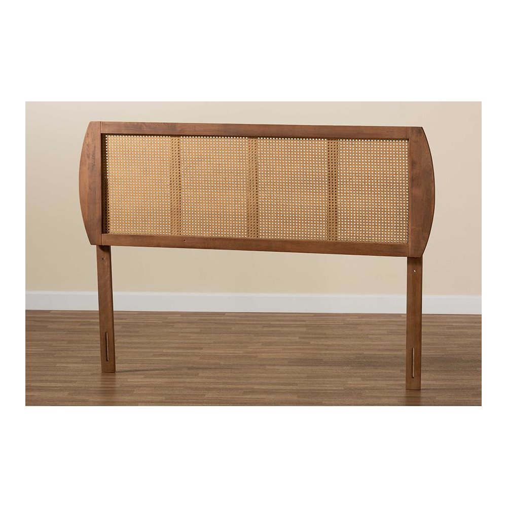 Modern Ash Walnut Finished Wood and Synthetic Rattan Full Size Headboard. Picture 4