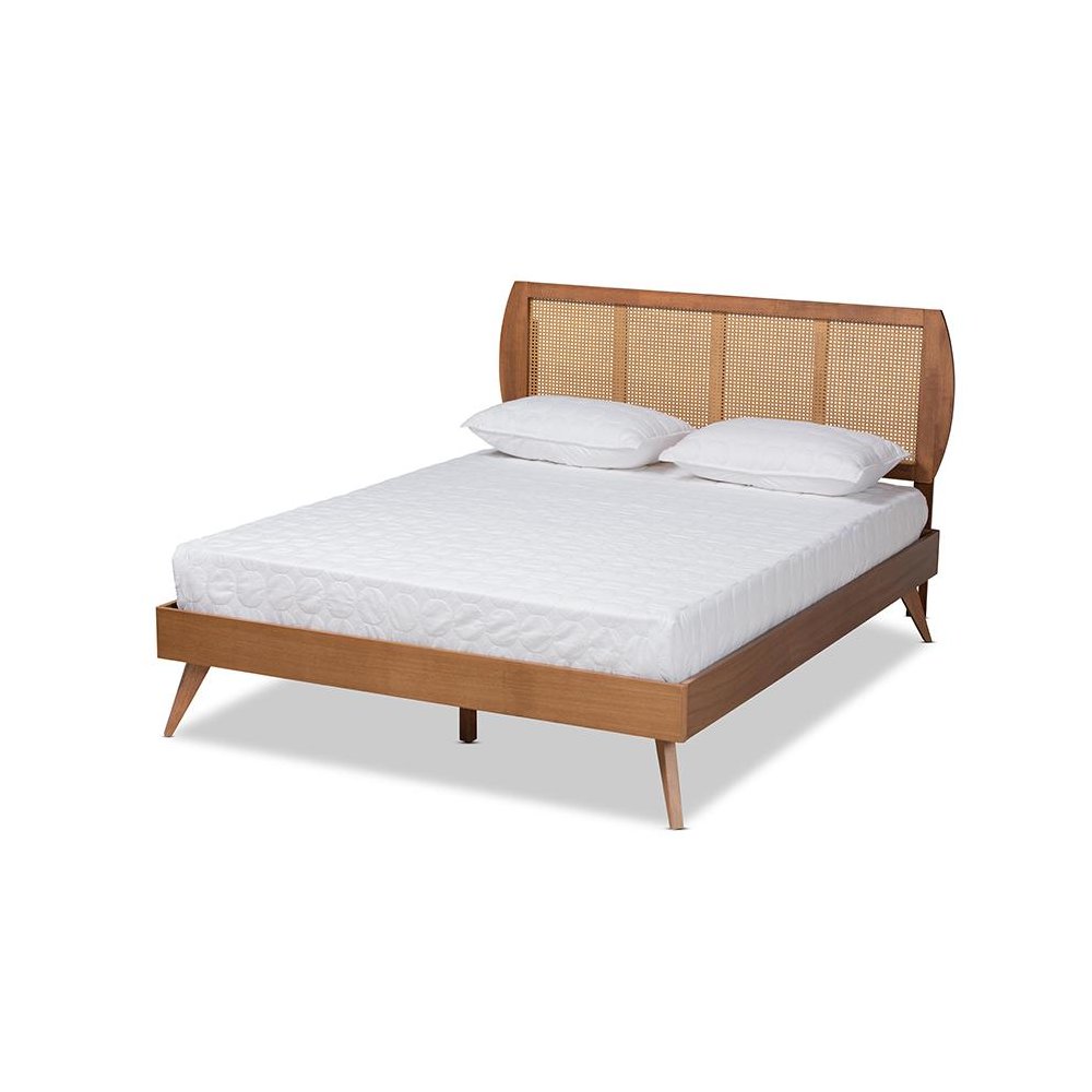 Walnut Brown Finished Wood and Synthetic Rattan Full Size Platform Bed. Picture 1