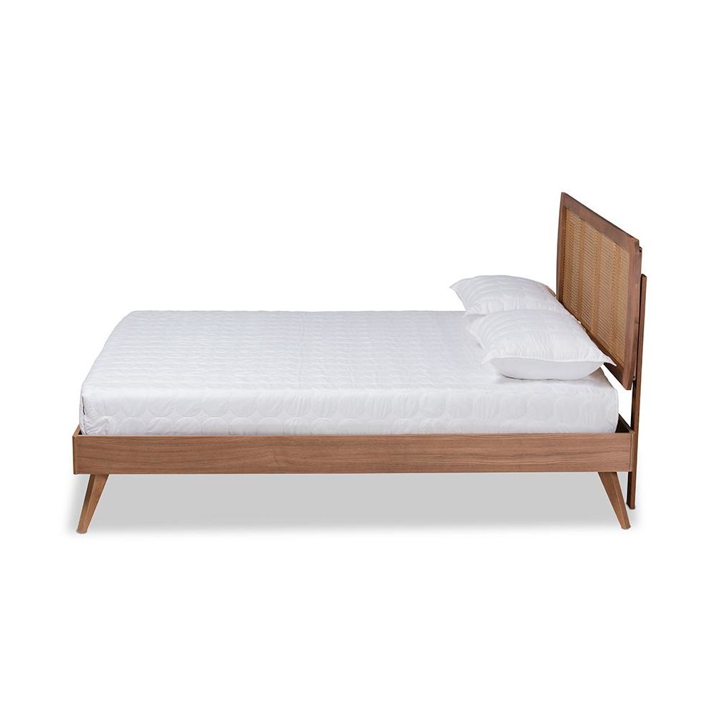 Walnut Brown Finished Wood and Synthetic Rattan Full Size Platform Bed. Picture 2