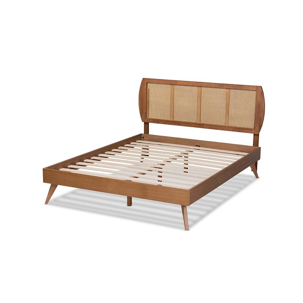 Walnut Brown Finished Wood and Synthetic Rattan Full Size Platform Bed. Picture 3