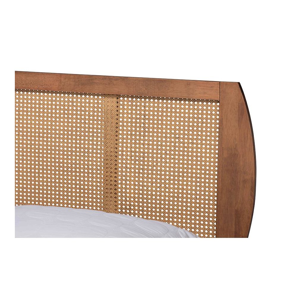 Walnut Brown Finished Wood and Synthetic Rattan Full Size Platform Bed. Picture 4