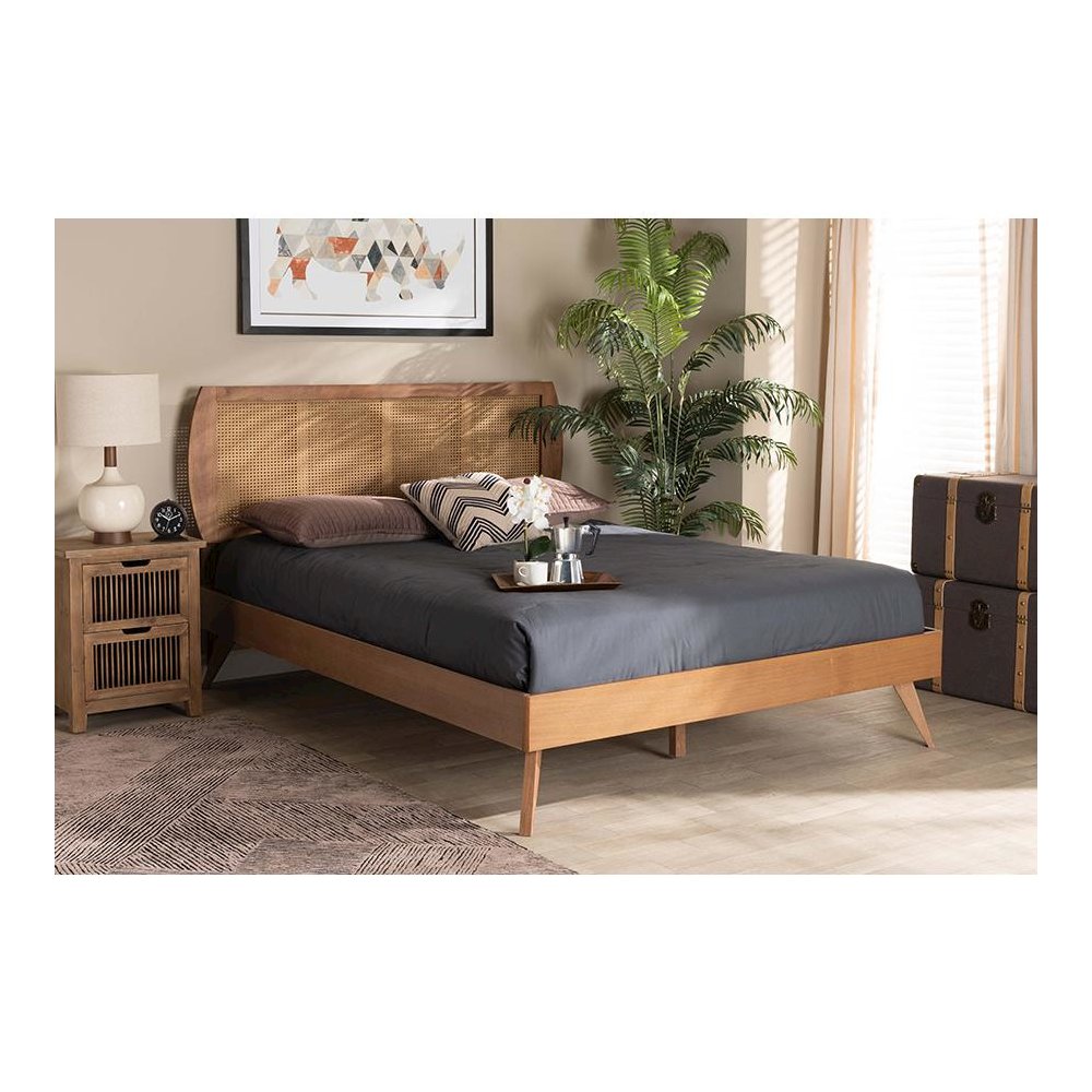 Walnut Brown Finished Wood and Synthetic Rattan Full Size Platform Bed. Picture 6