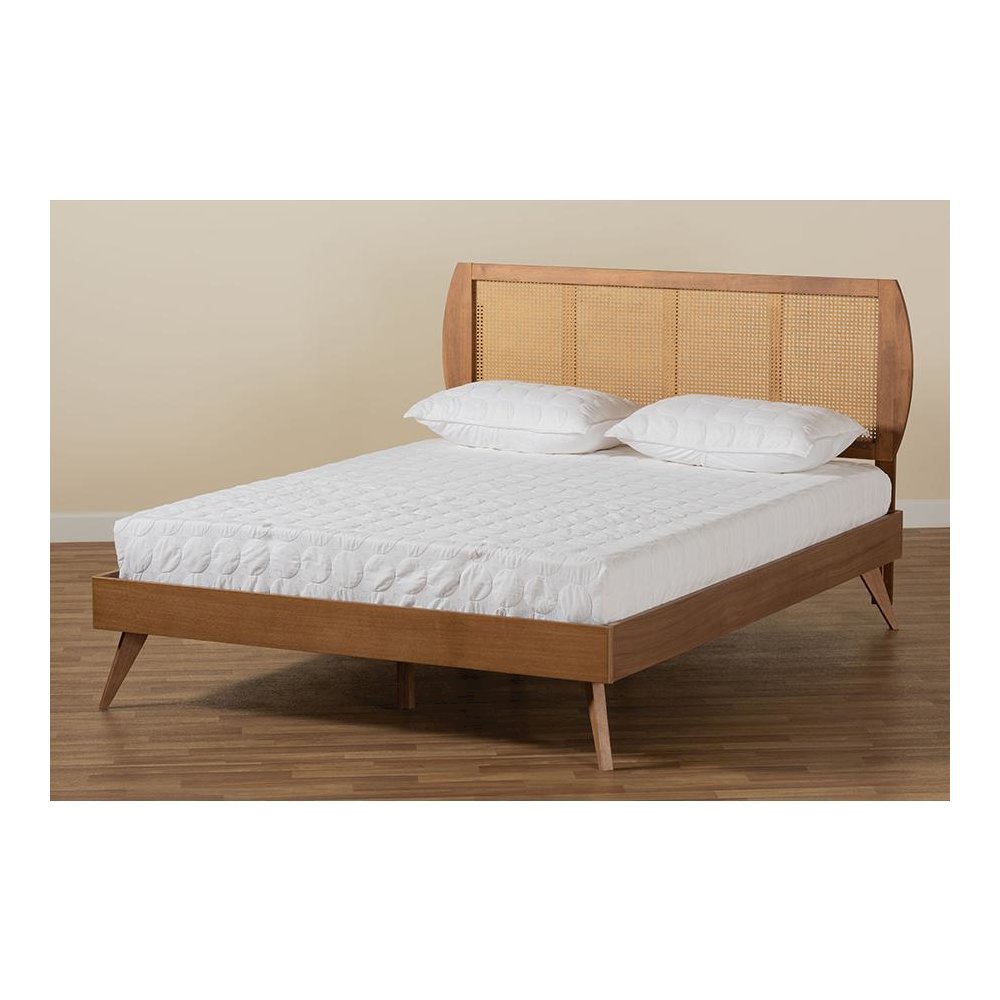 Walnut Brown Finished Wood and Synthetic Rattan Full Size Platform Bed. Picture 7