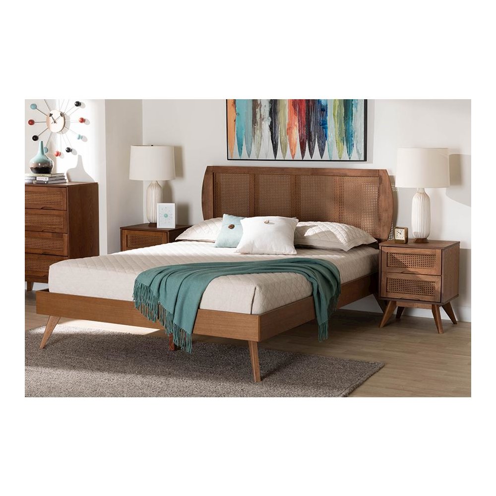Modern Walnut Brown Finished Wood and Woven Rattan Full Size 3-Piece Bedroom Set. Picture 10