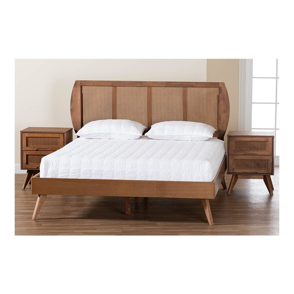 Modern Walnut Brown Finished Wood and Woven Rattan Full Size 3-Piece Bedroom Set. Picture 11
