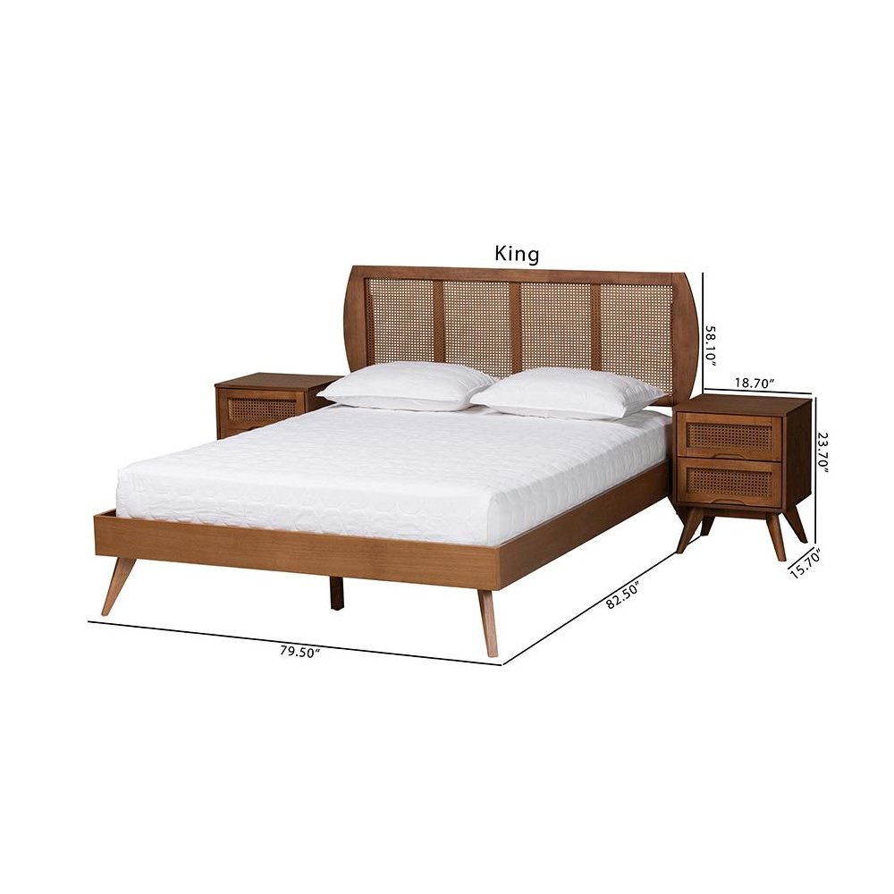 Modern Walnut Brown Finished Wood and Woven Rattan Full Size 3-Piece Bedroom Set. Picture 14