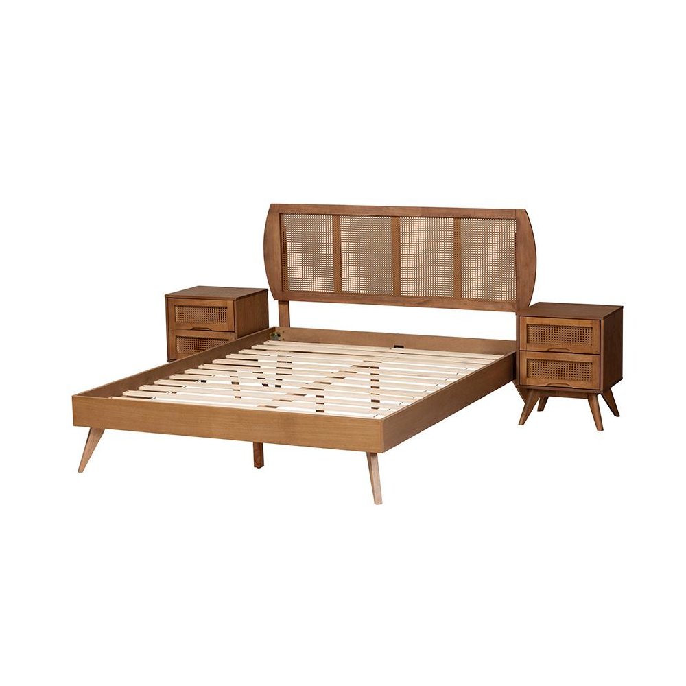 Modern Walnut Brown Finished Wood and Woven Rattan Full Size 3-Piece Bedroom Set. Picture 2