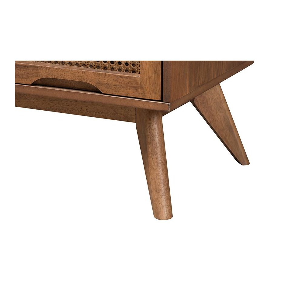 Modern Walnut Brown Finished Wood and Woven Rattan Full Size 3-Piece Bedroom Set. Picture 6