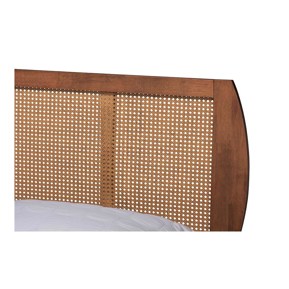 Modern Walnut Brown Finished Wood and Woven Rattan Full Size 3-Piece Bedroom Set. Picture 7