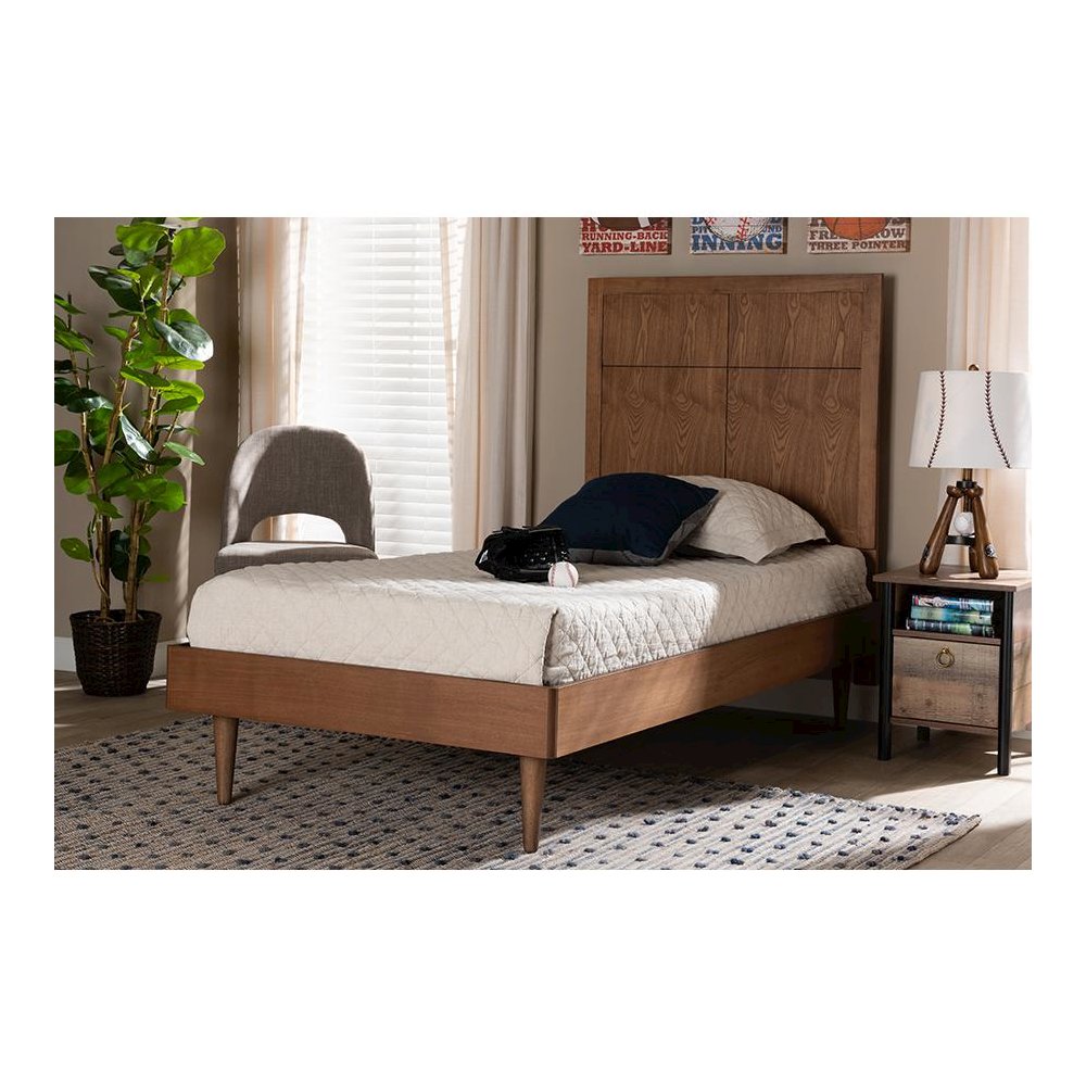 Rin Mid-Century Modern Walnut Brown Finished Wood Twin Size Platform Bed. Picture 6